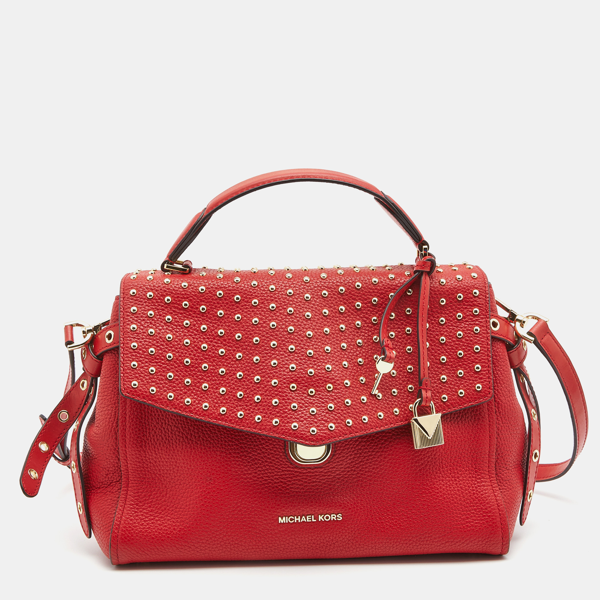Michael Kors Red Leather Medium Studded Bristol Top Handle Bag